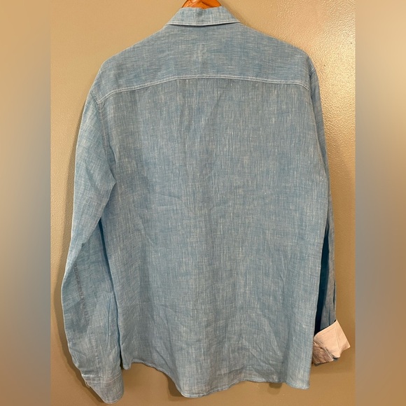 Bugatchi Shaped Fit 100% Linen Light Blue Button-Up Shirt Roll Top Sleeves M - Picture 9 of 13
